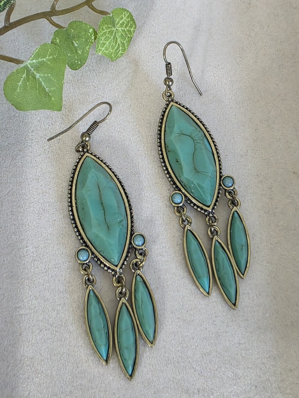 Stony Boho Turquoise Chandelier Dangle Earrings Antique Brass Southwest